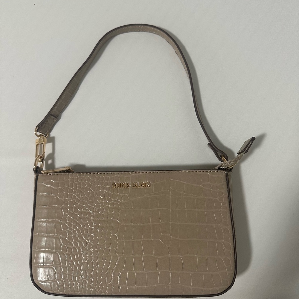 Anne Klein Tan Mini Bag with Croc Texture and Zipper Closure